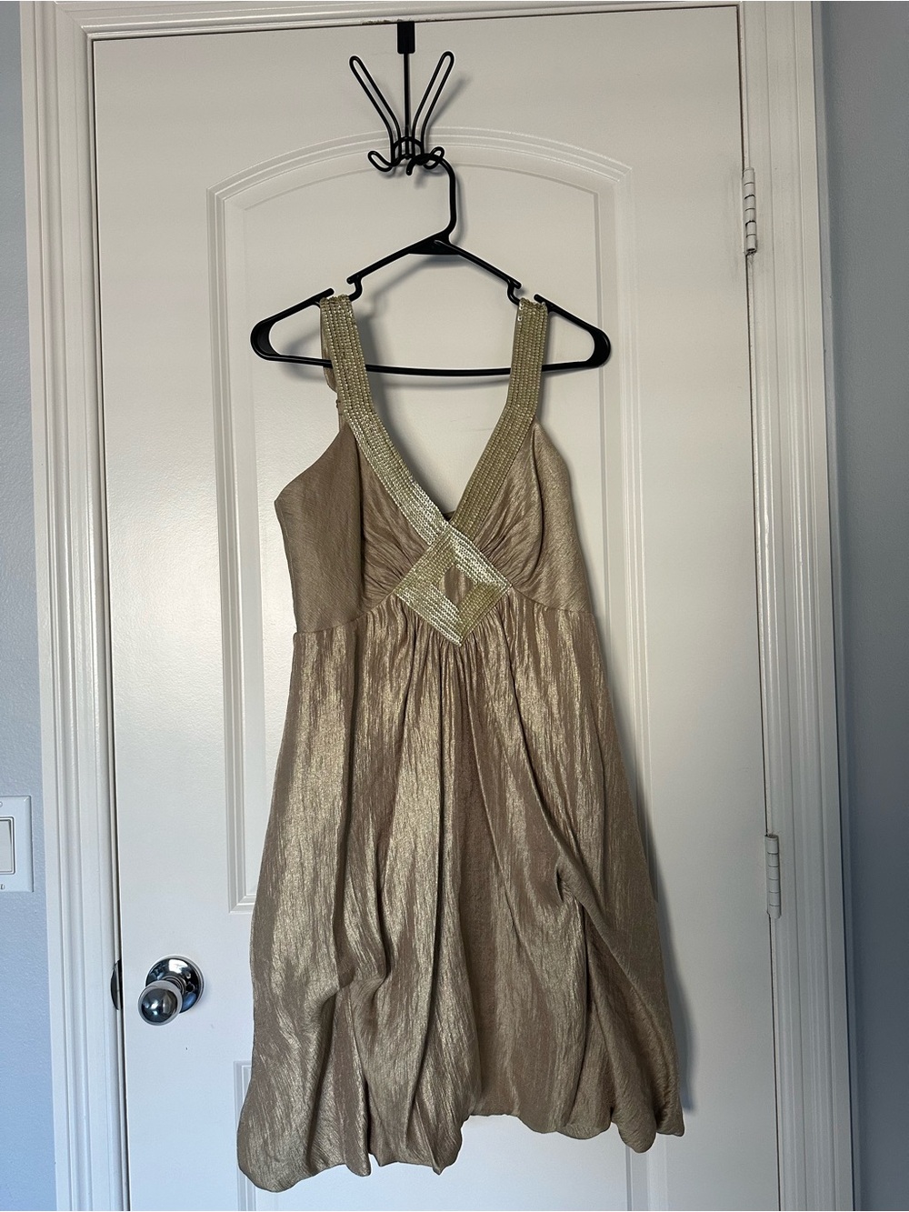 BCBGMaxAzria Gold V-Neck Sequined Strap Dress #Y2K